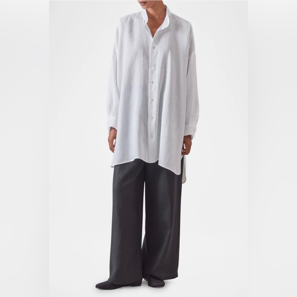 Eskandar Wide A-LineCollarless shirt w/ Slits (Long Plus)